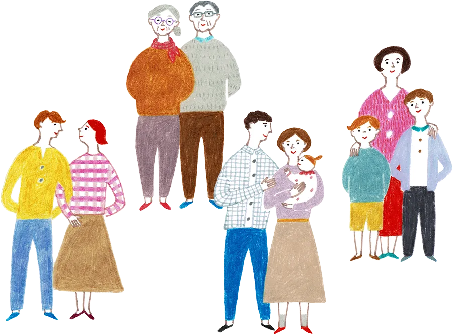 笑顔で寄り添うご家族のイラスト